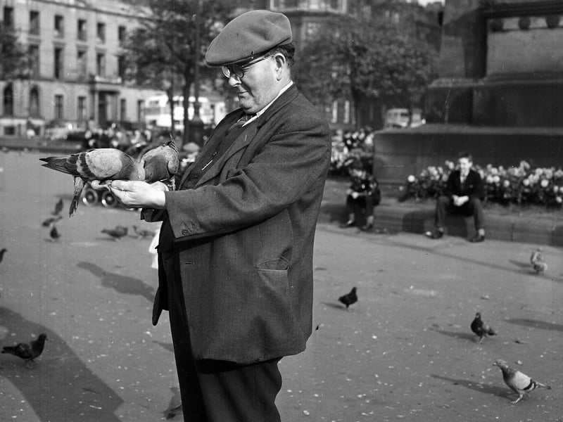 James Munro feeding Pigeons in George Square in October 1959.