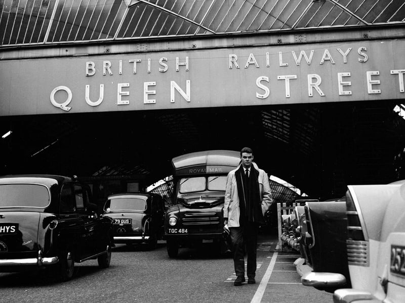 Bobby McGregor, the world's fastest swimmer, pictured at the George Square entrance to Queen Street Station in November 1963.