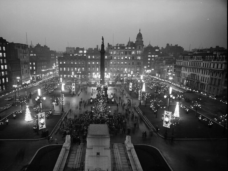 A picture of the George Square Christmas decorations taken from the roof of City Chambers in December 1961.