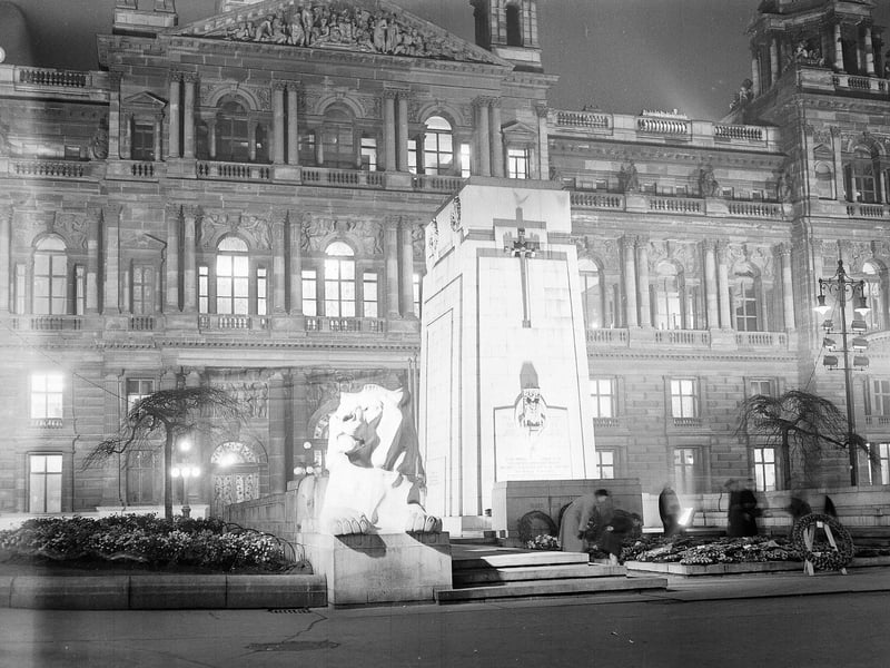 The City Chambers and Cenotaph in George Square floodlit in November 1958.