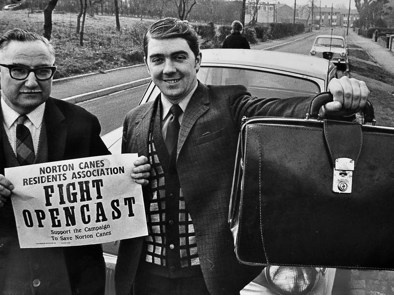 Roger Knowles (right) went to London in March 1971 as part of the latest protest move by Norton Canes residents against a proposed opencast mining site near the village. With him he took a petition of 500 names and 200 personal letters of objection, which he presented to the Secretary of State for Trade and Industry. The proposed Kingswood site covered 547 acres and National Coal Board estimations showed that the whole operation, including relandscaping, would take about 11 years. The man on the left is Alfred Sutton of the action committee.