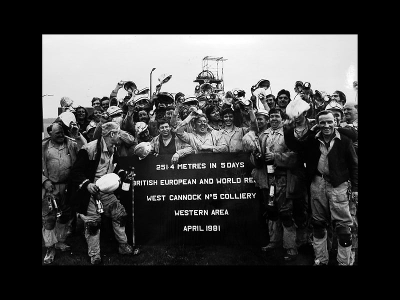 We are the champions, shouted the miners at Hednesford West Cannock Five Colliery in April 1981. They had just established a world tunnelling record by driving an underground roadway 229.8 yards in five days - that's what the story at the time said, although the board actually gives 251.4 metres, which is significantly further. Four seven-men teams worked round the clock to smash the previous record of 224 yards.