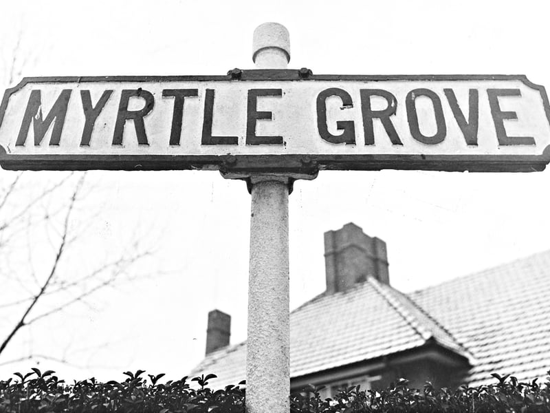 A classic cast-iron street nameplate for Myrtle Grove, situated just off Coalway Road, stands clearly against a backdrop of suburban rooftops in February 1969. Mounted on a traditional concrete post, this style of street sign was once a ubiquitous feature across Wolverhampton's residential neighbourhoods. The straightforward photograph offers a nostalgic glimpse into the quiet, everyday details that defined the local urban landscape in the late 1960s. Do you remember seeing these iconic cast-iron street signs around Coalway Road and Penn?