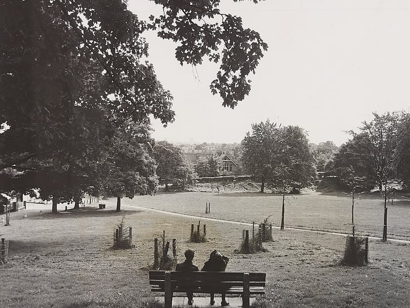 Two figures sit on a wooden bench looking out over Lower Green in Tettenhall, in September 1969. Surrounded by mature trees and newly planted saplings protected by wire guards, the tranquil scene highlights ongoing work by the local parks division to phase in new trees across public green spaces. The elevated view provides a gentle, reflective snapshot of suburban leisure and civic environmental care in late-1960s Wolverhampton. Do you remember taking a stroll or relaxing on the benches at Lower Green in Tettenhall during this era?