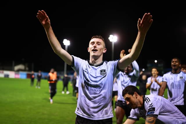 Lee Devitt celebrates in front of the Galway United fans after the final whistle in their cup quarter-final win over Drogheda United last Friday.
