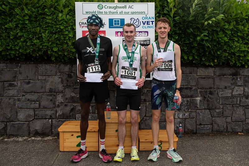 The first three men home in the Craughwell 10 mile, from left: Abaas Edris (2nd), William Fitzgerald (1st) and Jordan Walsh (3rd).