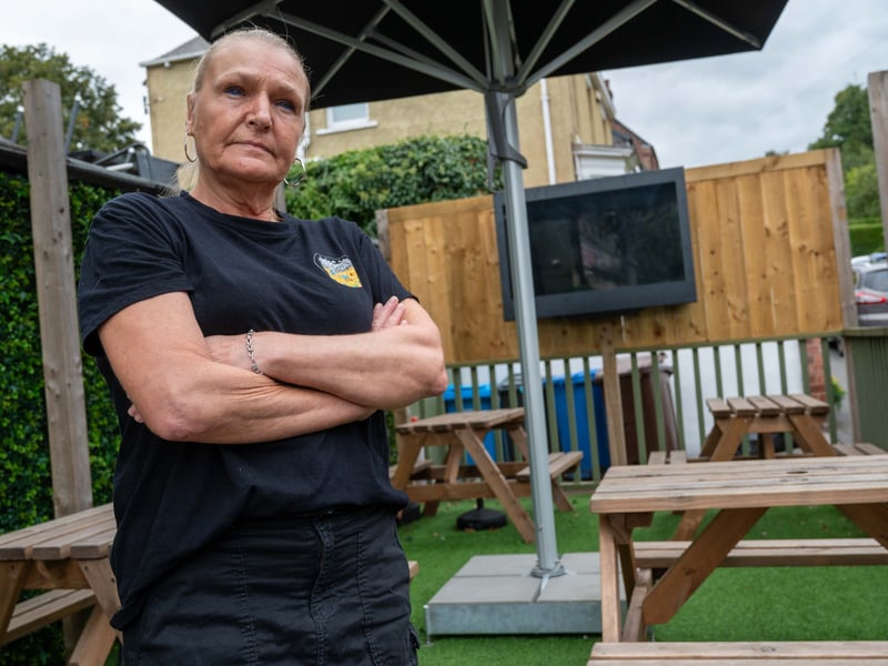 Licensee Wendy McLaren at the Byron House at Nether Edge, part way through the removal of outdoor shelters with televisions.