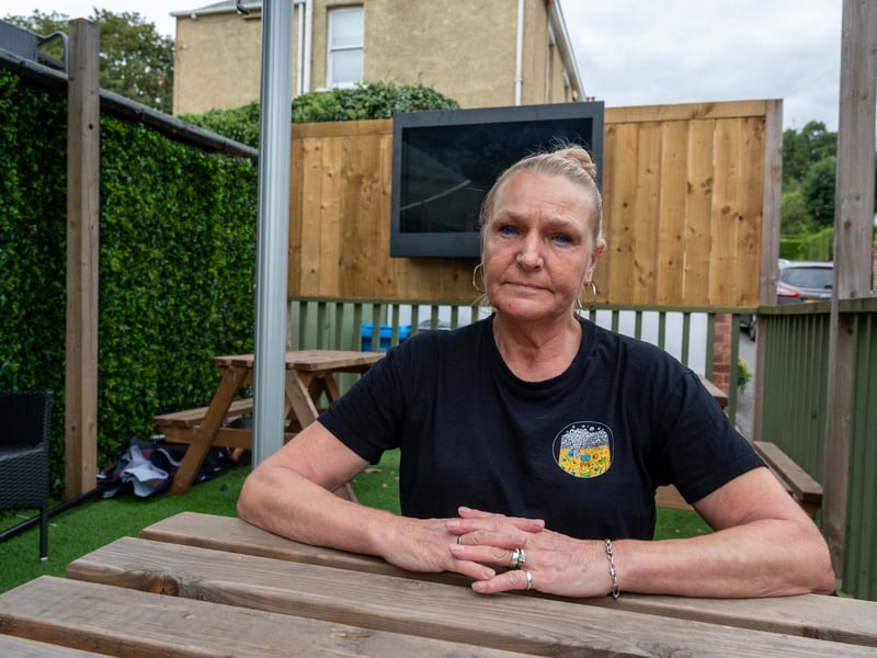 Licensee Wendy McLaren at the Byron House at Nether Edge, part way through the removal of outdoor shelters with televisions.