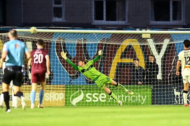 Bohemians goalkeeper Paul Walters is beaten for a goal by a shot from Stephen Walsh for Galway United's opener.