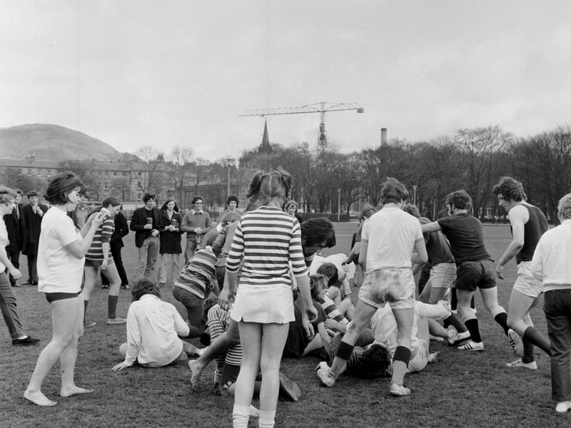 Edinburgh University charity rugby game - Men v Women - at the Meadows in April 1970.
