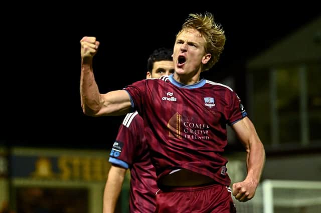 Kris Twardek celebrates after firing Galway United 2-0 in front.