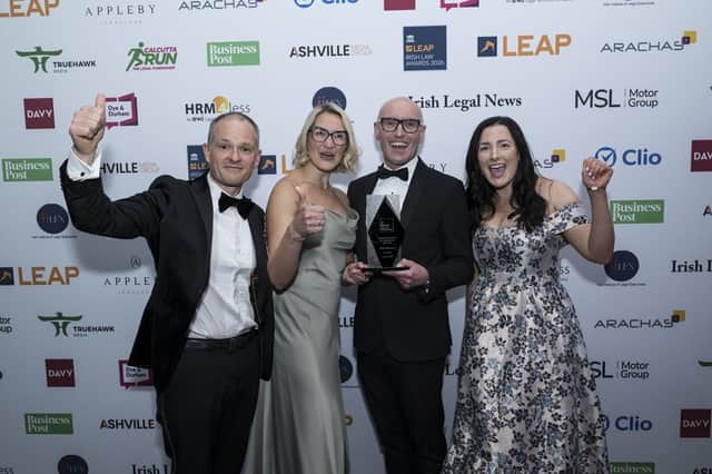 Ronan Hynes and fellow solicitors Yulia Lennon, Stephen Keogh and Dervla Beirne from MHP Sellors LLP at the LEAP Irish Law Awards, where the firm's expertise and legal work were recognised at national level.