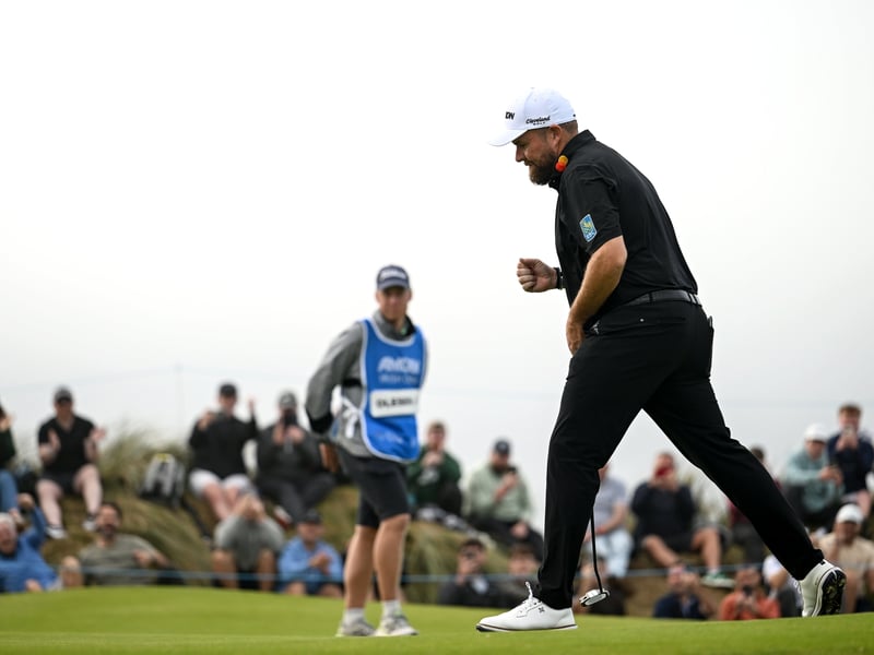  Shane Lowry of Ireland celebrates a birdie putt on the 14th green during day four of the Amgen Irish Open Golf Championship 2026