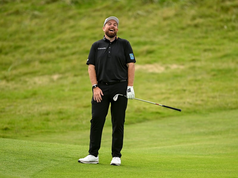 Shane Lowry reacts after chipping onto the 16th green during day four of the Amgen Irish Open Golf Championship 2026 at Trump International Golf Links in Doonbeg, Clare.
