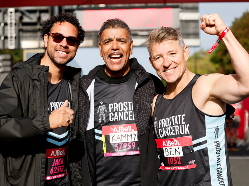Chris Kamara (centre) with his son, Jack (left), and Ben Shepherd ahead of the Great North Run 2026.