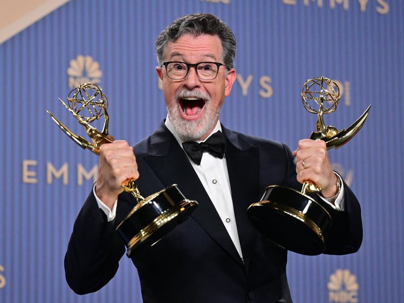 Outstanding Scripted Variety Series at last night’s Emmys went to The Late Show with Stephen Colbert. One of six total prizes earned by the show, fellow nominees included: The Daily Show; Jimmy Kimmel Live!; Last Week Tonight With John Oliver and Saturday Night Live.
