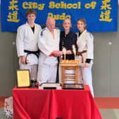 Pictured at the celebration at Galway City School of Judo were, from left: Conor Hickey (black belt), Chris Hickey (7th Dan black belt), Louise Hickey, and Jessica Hickey (All Ireland intervarsity champion).