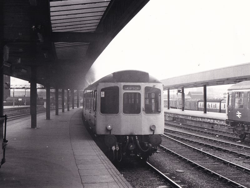 The 7.35am Leeds to Skipton train leaves Leeds City Station in July 1982.