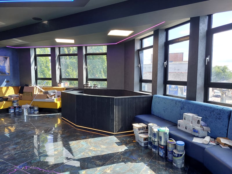 The DJ booth at the new sports bar and members club which is housed above The Exchange.