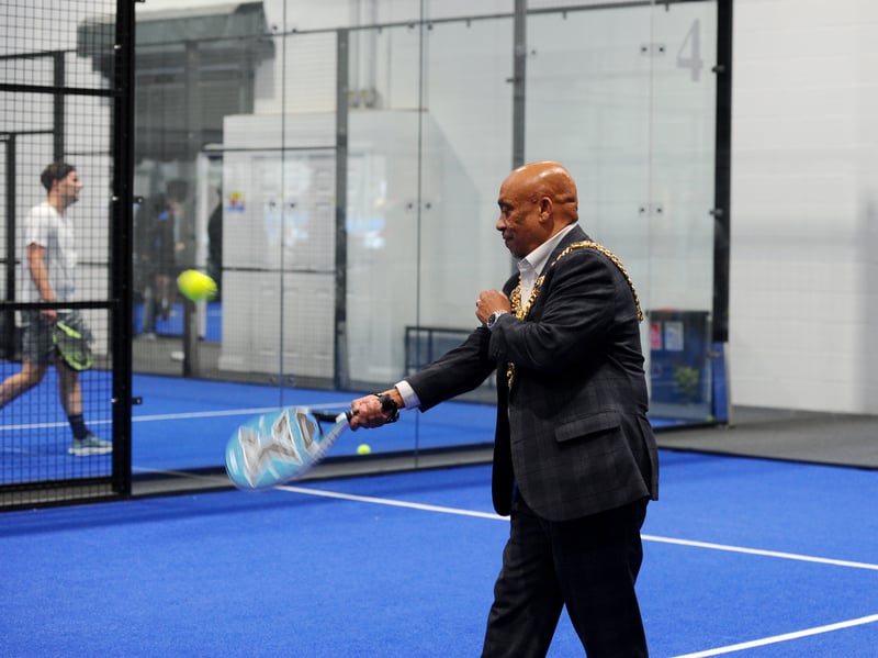 The Lord Mayor of Portsmouth Abdul Kadir gave padel a go.

Picture: Sarah Standing (180926-1446)