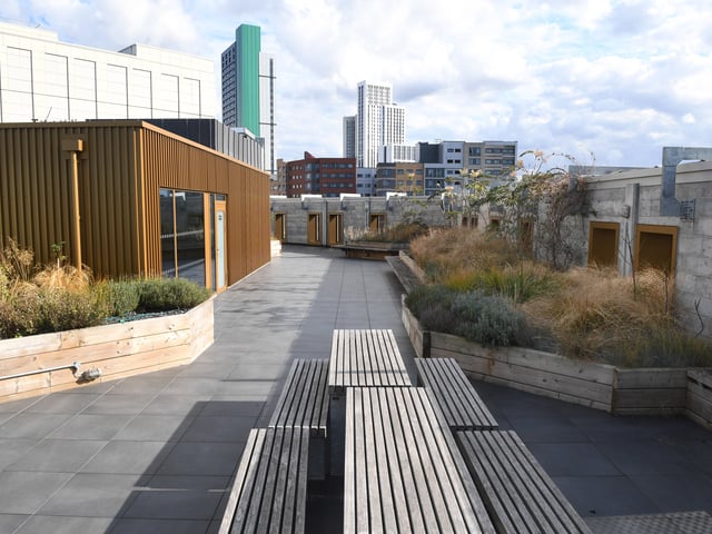 Pictured roof top terrace at Carlton Hill Residences, University of Leeds.