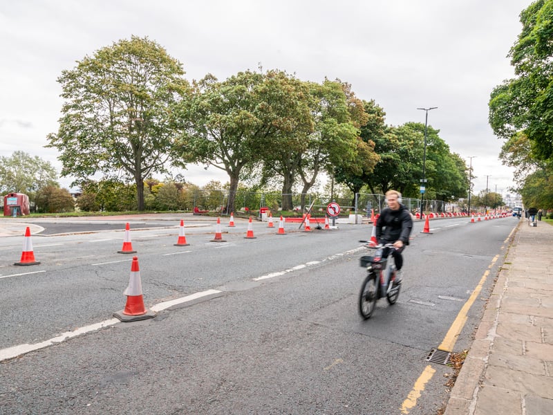 A new, segregated cycle lane has been created on either side of A660 Woodhouse Lane, by removing the central reservation on the road.