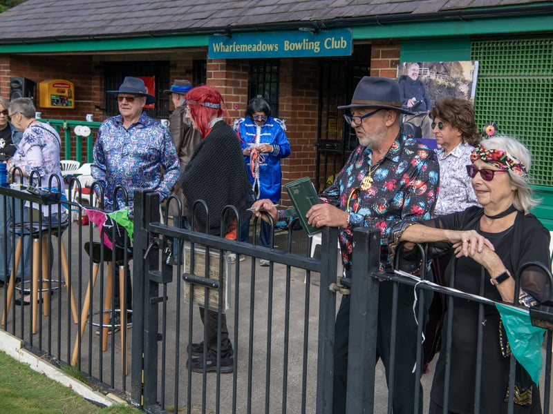 Members in period costumes for the Wharfemeadows Bowling Club charity game to raise money for the Rob Burrow Centre for MND with a 1970's theme.Photograph by Tony Johnson. 24th September 2026