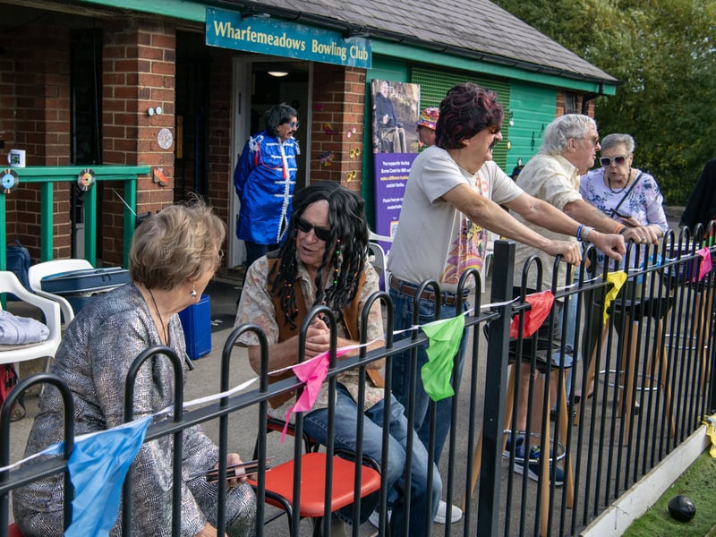 Members in period costumes for the Wharfemeadows Bowling Club charity game to raise money for the Rob Burrow Centre for MND with a 1970's theme.Photograph by Tony Johnson. 24th September 2026