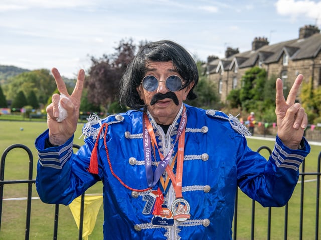 Ian Macfarlane in period costumes for the Wharfemeadows Bowling Club charity game to raise money for the Rob Burrow Centre for MND with a 1970's theme.
