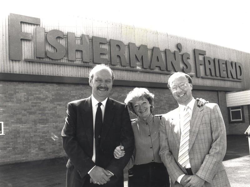 The menthol lozenges were created in 1865 by pharmacist James Lofthouse in Fleetwood. Pictured is Jame's daughter-in-law Doreen Lofthouse with her second husband Tony Lofthouse (left) and their  son Duncan Lofthouse outside the Fleetwood base in 1990.