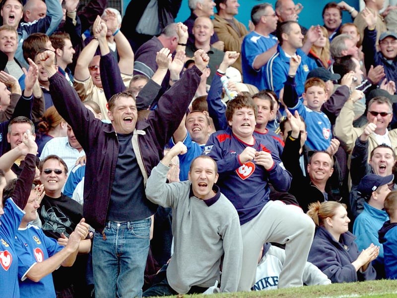 The Pompey fan rejoice after seeing their side thump Southampton 4-1 at Fratton Park in April 2005.