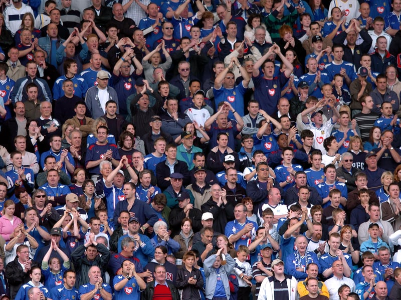 The Pompey fans get behind the Blues during their 4-1 Premiership win over Southampton at Fratton Park in April 2005.