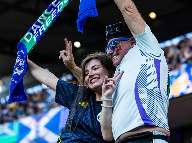 Two Scotland fans pose for a photo ahead of kick-off in Koln.