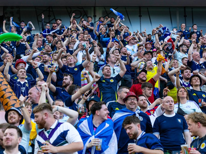 A general view of Scotland fans during a 2024 Euro 2024 groupstage  match between Scotland and Switzerland at the Koln Stadium.