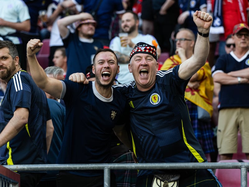 Two Scotland fans enjoy the pre-game atmosphere in Koln.
