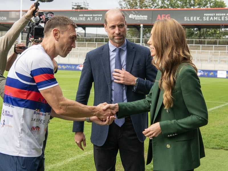 Sir Kevin Sinfield has a surprise meeting with the Prince and Princess of Wales as he arrives at the home of Wakefield Trinity on day 3 of his 7 in 7 Challenge for MNDA