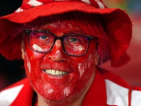 A Switzerland fan in the stands ahead of the game at Hampden.