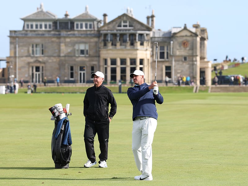 Brooks Koepka of the United States plays a shot during a practice round at the Old Course.