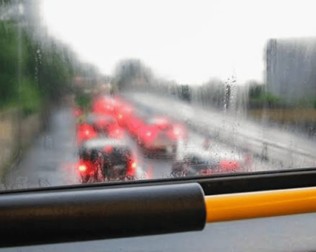 Traffic in Galway viewed through a bus window