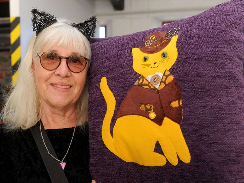 June Sullivan of Leeds with Steampunk cat cushions she makes to raise money for the Cat Action Trust