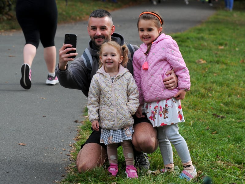 Connor Crowther and children Lily , five and Primrose, two cheer on mum Rebecca Crowther of Wortley  