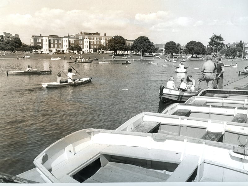 Canoes, kayaks and boats fill Canoe Lake, Southsea, in September 1978 (PP5582)