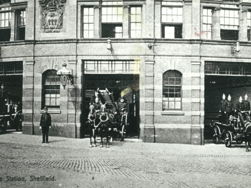 From left, a steam fire engine, escape carrier and equipment carrier leave the West Bar station in around 1900