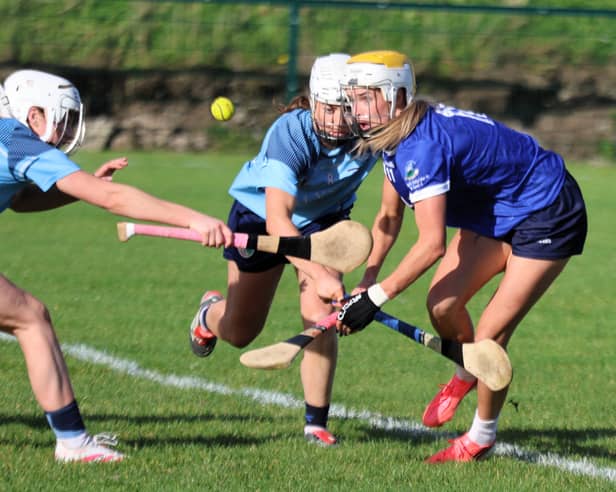 All eyes on the ball as Rachel Hanniffy of Oranmore/Maree and Ava Lynskey of Ardrahan challenge for possession during the Galway Senior camogie quarter-final in Ballinderreen. 