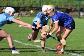 All eyes on the ball as Rachel Hanniffy of Oranmore/Maree and Ava Lynskey of Ardrahan challenge for possession during the Galway Senior camogie quarter-final in Ballinderreen. 