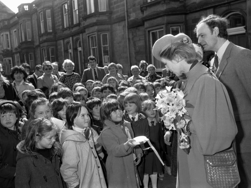 Princess Alexandra chats to some local children at the opening of a new leukaemia treatment centre next to the Royal Hospital for Sick Children in Edinburgh, April 1985.