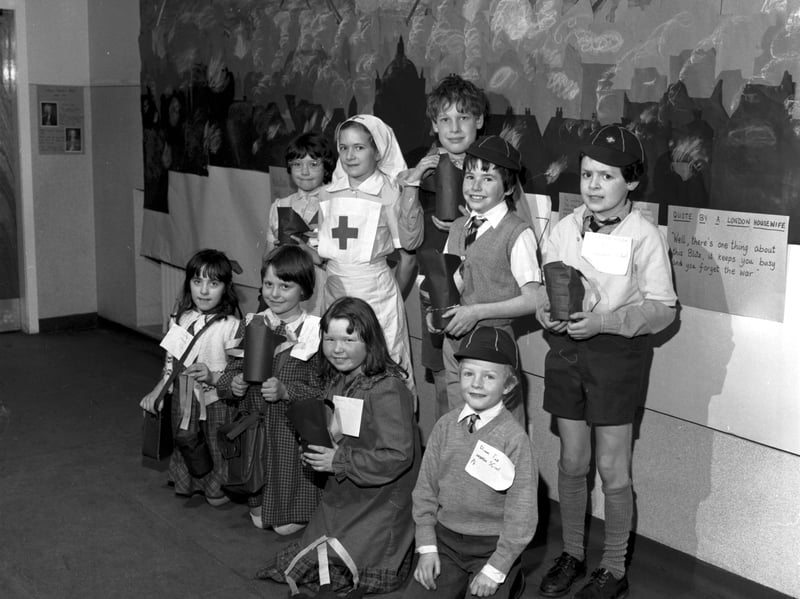 Wardie primary school pupils dressed as nurses, evacuees and Cub Scouts as part of the Edinburgh school's World War II project in March 1985.
