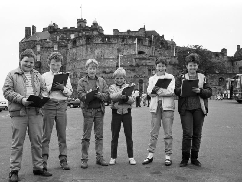 Children from Leith Walk primary school, clipboards at the ready to interview tourists at Edinburgh Castle in June 1985 for the Doomsday Project: Life in the Eighties.
From left: Kevin McLean, Richard Petrie, Andrew Fraser, Brian Logan, Joyce Gillan and Nancy Anderson.
