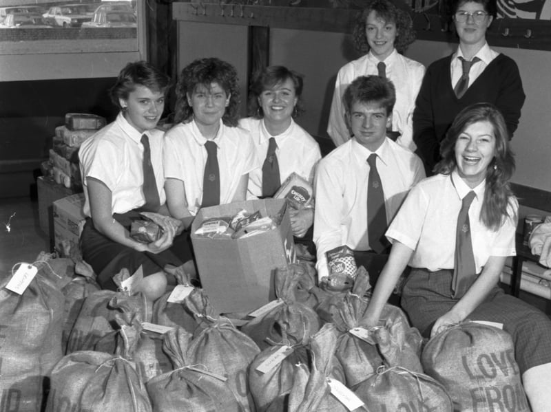 Pupils at Broughton High School in Edinburgh collected three tons of food for African famine relief, part of the Band Aid appeal, in November 1985.