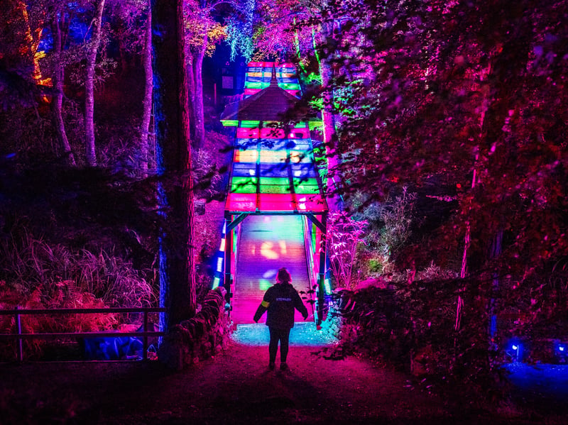 The Dance Through the Rain light installation along the footbridge across Loch Dunmore at The Enchanted Forest, Scotland's award-winning sound and light spectacular which opened its 2026 show Stop The Clock: The 25th Hour, in the surroundings of Faskally Wood.